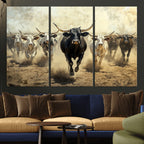 Texas Longhorn Wall Art | Framed Charging Cattle Canvas