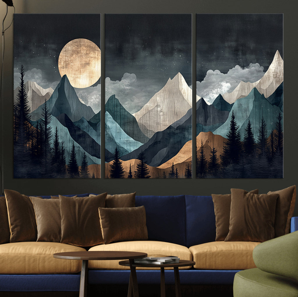 Moonlit Mountain Wall Art Canvas Print, Framed Silhouetted Pines Art, Layered Peaks Rustic Decor