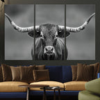 Texas Longhorn Wall Art Canvas Print, Framed Western Bull Photography, Rustic Log Cabin Decor