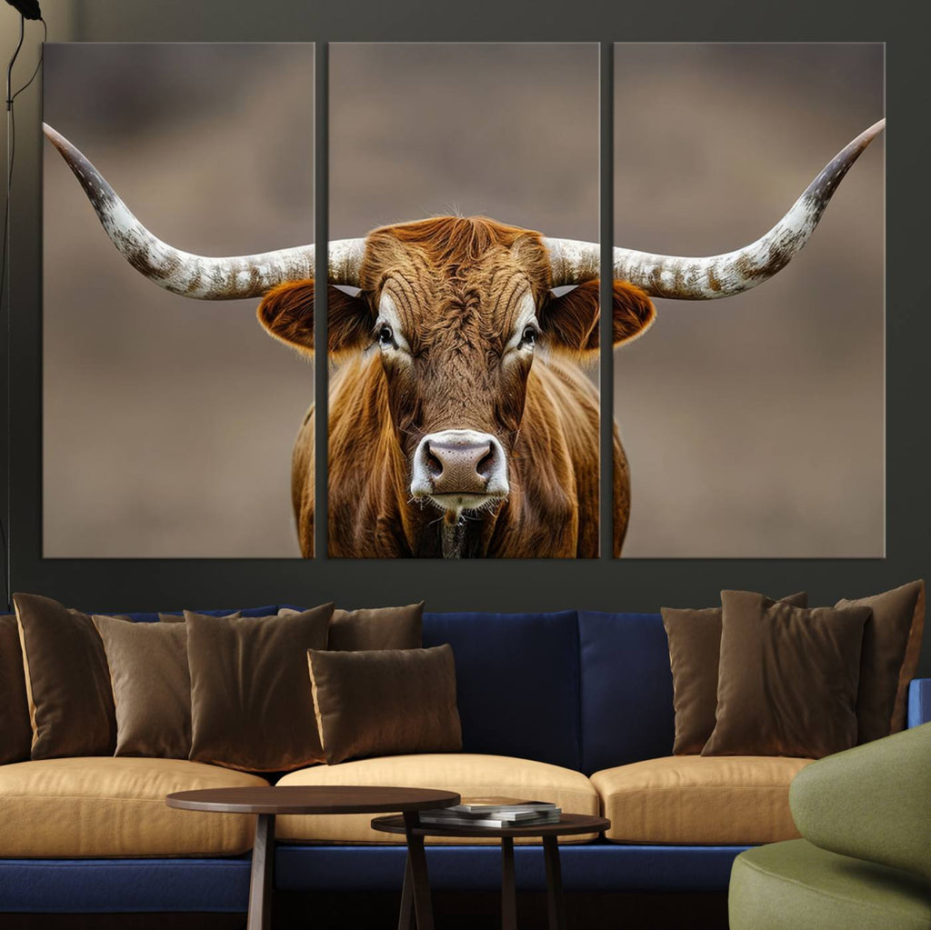 Texas Longhorn Wall Art Canvas Print | Rustic Brown Bull Western Decor