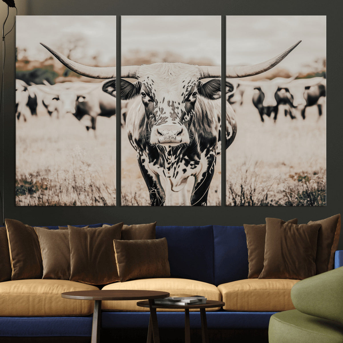 Texas Longhorn Wall Art Canvas Print | Framed Speckled Brown and White Bull