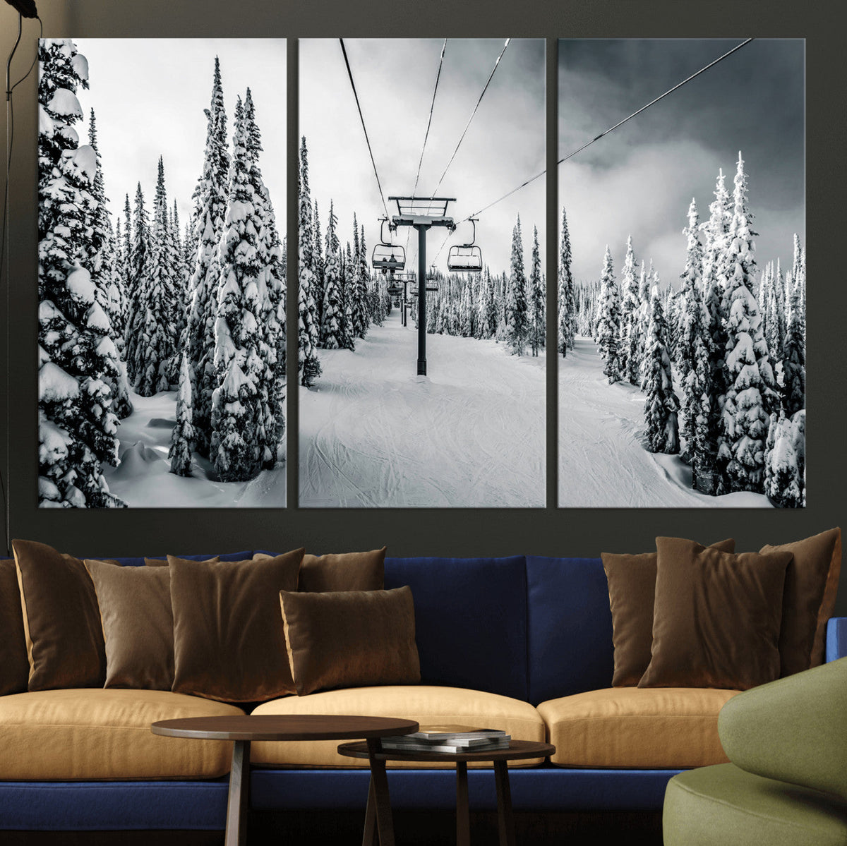 Snowy Pines Wall Art Canvas Print | Ski Lift in a Winter Forest