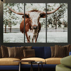 Texas Longhorn Wall Art Canvas Print | Framed Spotted Brown and White Bull