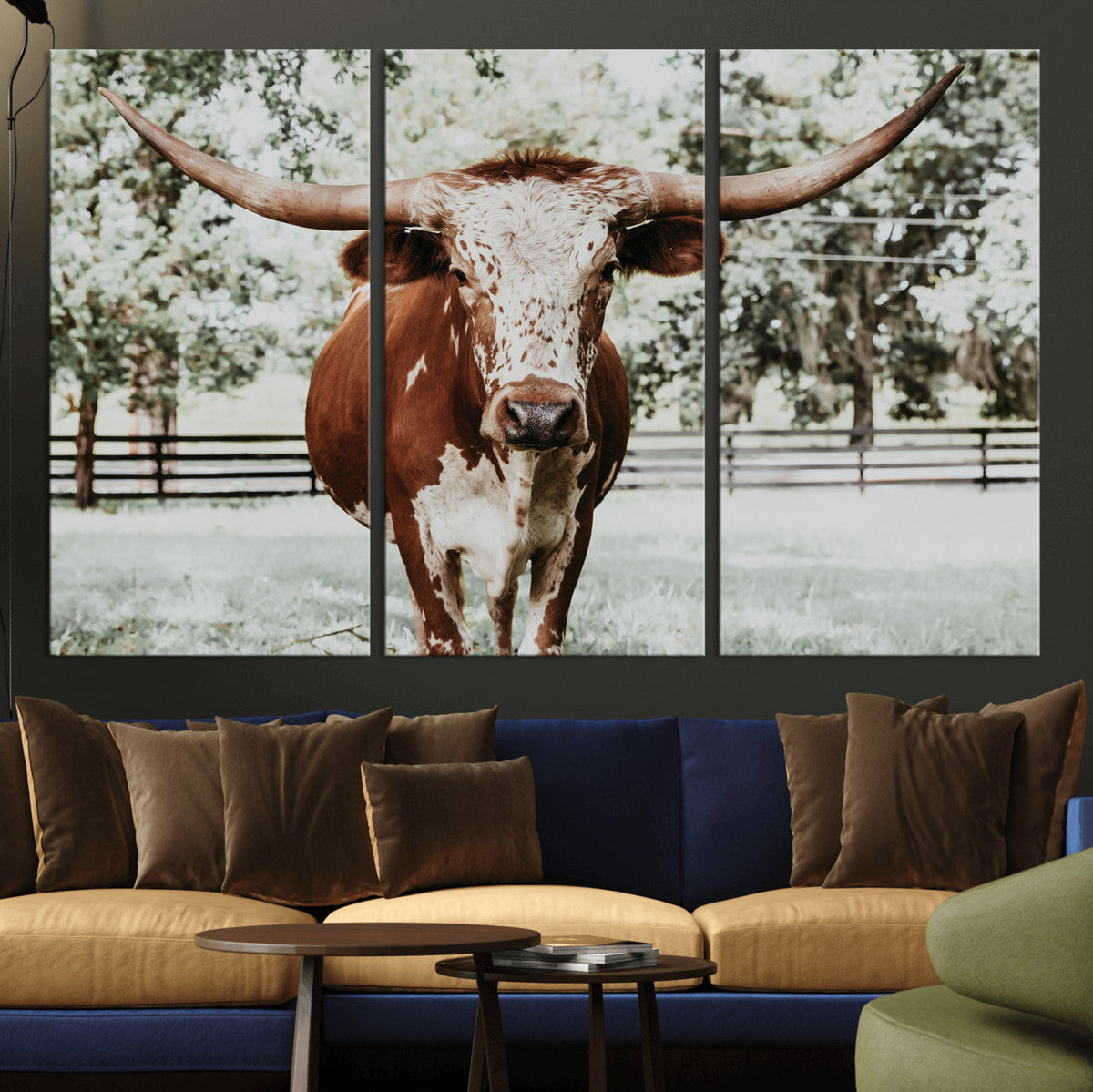 Texas Longhorn Wall Art Canvas Print | Framed Spotted Brown and White Bull