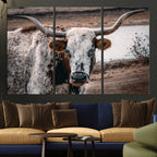 Texas Longhorn Wall Art Canvas Print | Framed Brown and White Spotted Longhorn