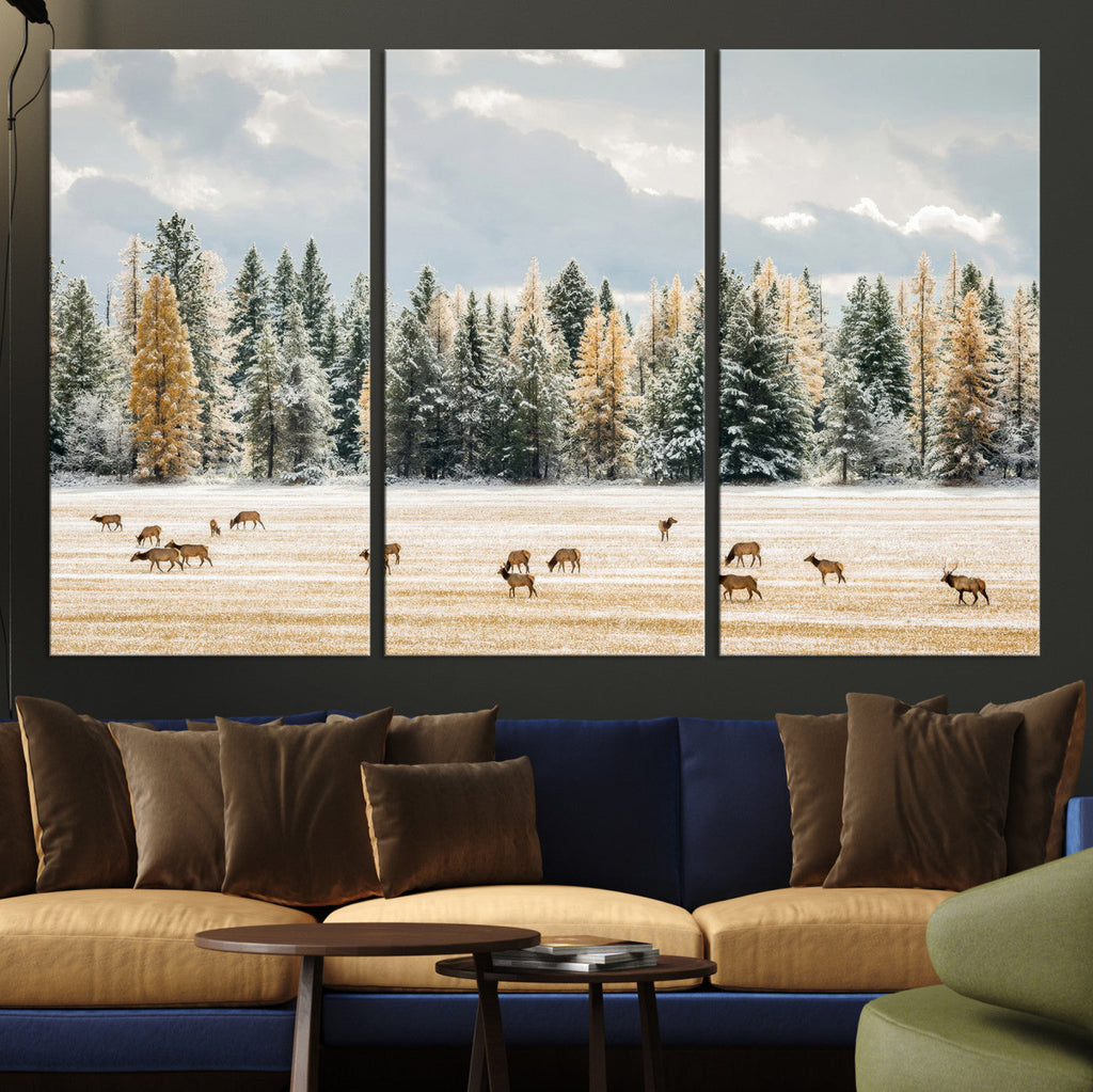 Elk Herd Wall Art, Framed Snowy Forest Canvas Artwork
