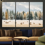 Elk Herd Wall Art, Framed Snowy Forest Canvas Artwork