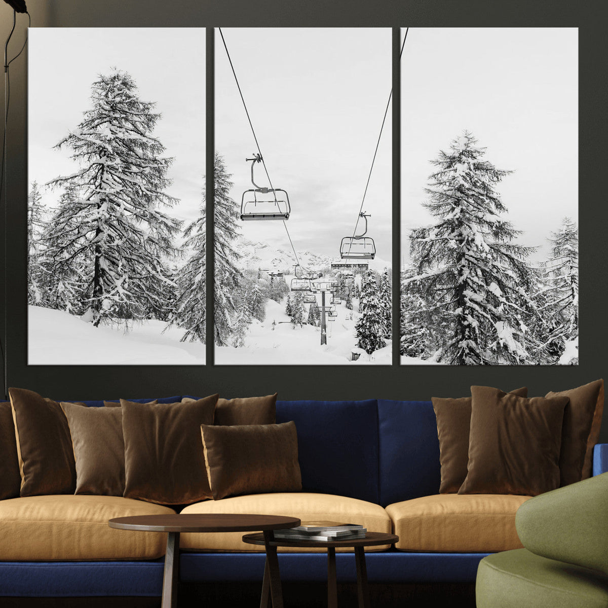 Snowy Ski Lift Wall Art | Framed Winter Forest Canvas