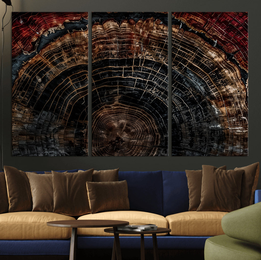 Dark Wood Ring Wall Art Canvas Print, Framed Abstract Tree Slice Print, Rustic Wood Grain Decor