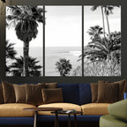 Palm Trees Wall Art Canvas Print, Framed Coastal Ocean Horizon Monochrome Art