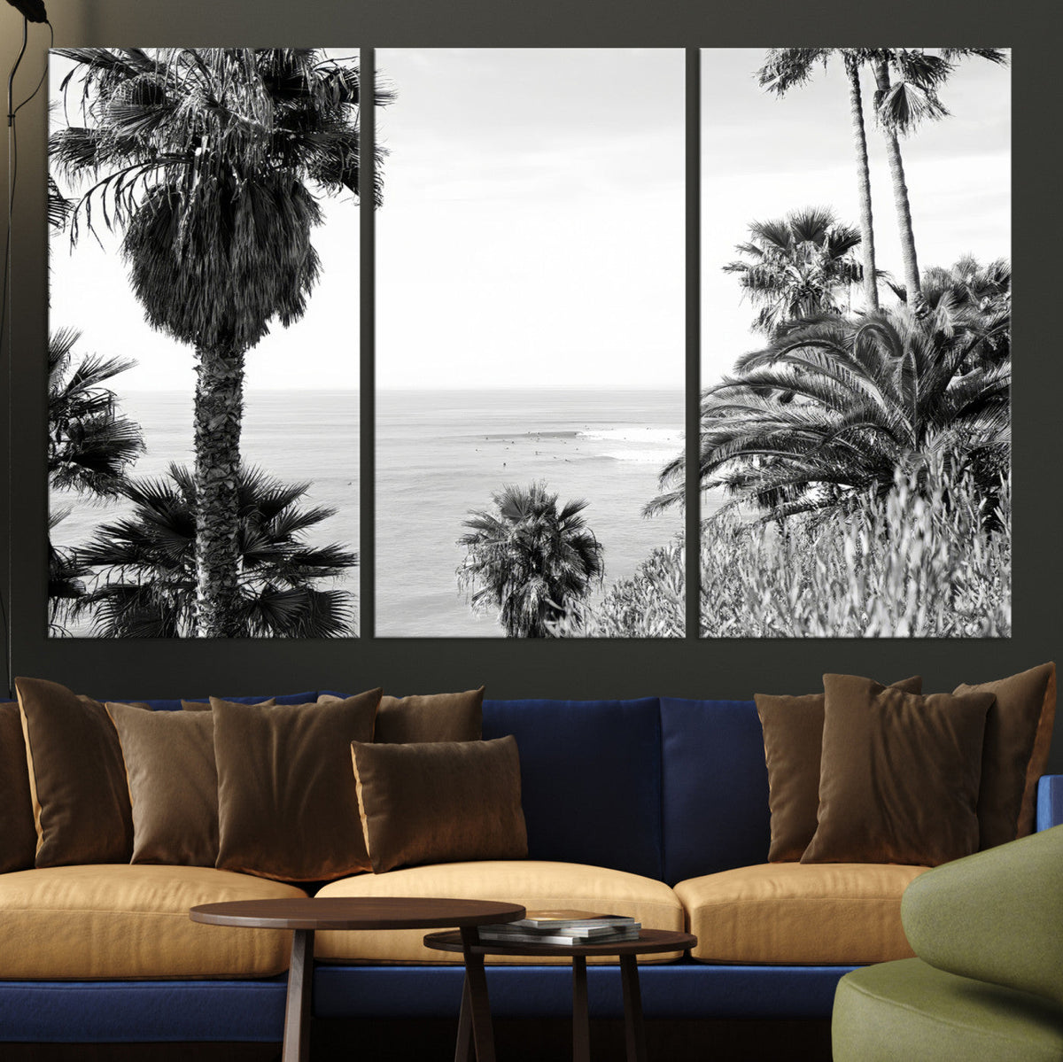 Palm Trees Wall Art Canvas Print, Framed Coastal Ocean Horizon Monochrome Art