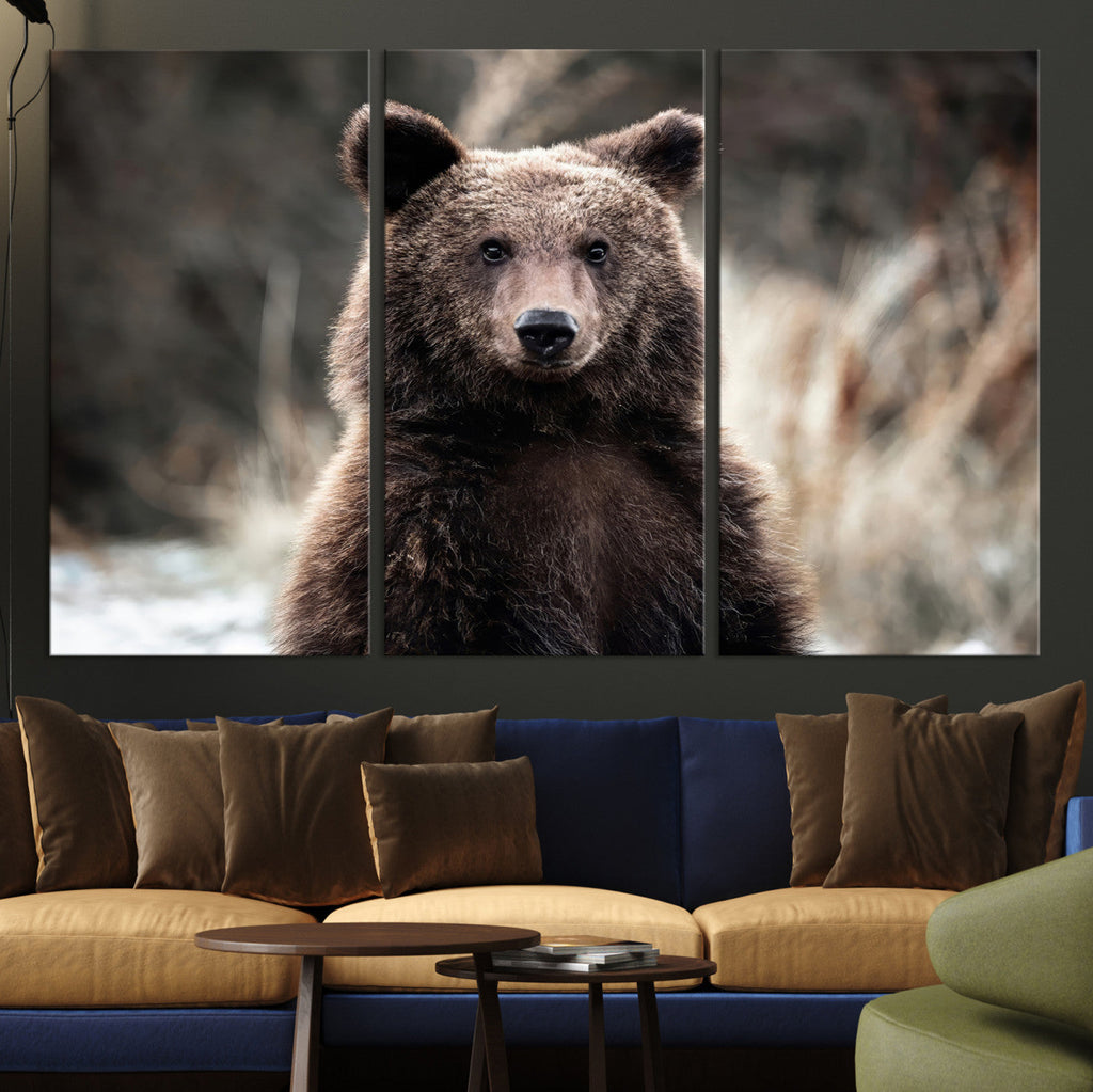 Brown Bear Wall Art Canvas Print, Framed Majestic Woodland Wildlife Cabin Art