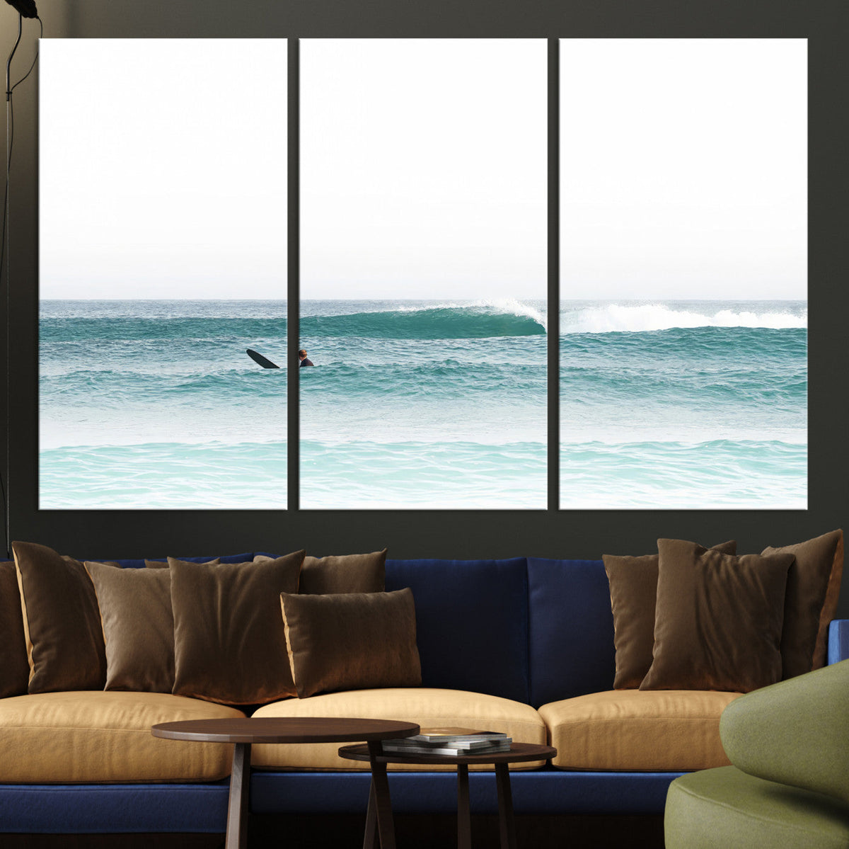 Surfing Wall Art Canvas Print, Framed Minimalist Ocean Waves Beach Art
