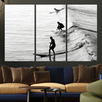 Surfers on Waves Wall Art Canvas Print | Framed Black and White Surf