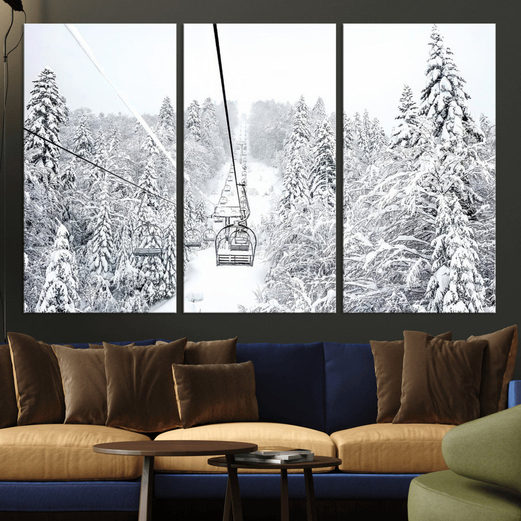 Snowy Ski Lift Wall Art | Framed Winter Mountain Canvas