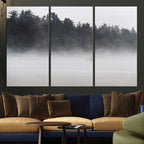 Surfer Fog Wall Art Canvas Print, Framed Foggy Beach and Coastal Surf Scene