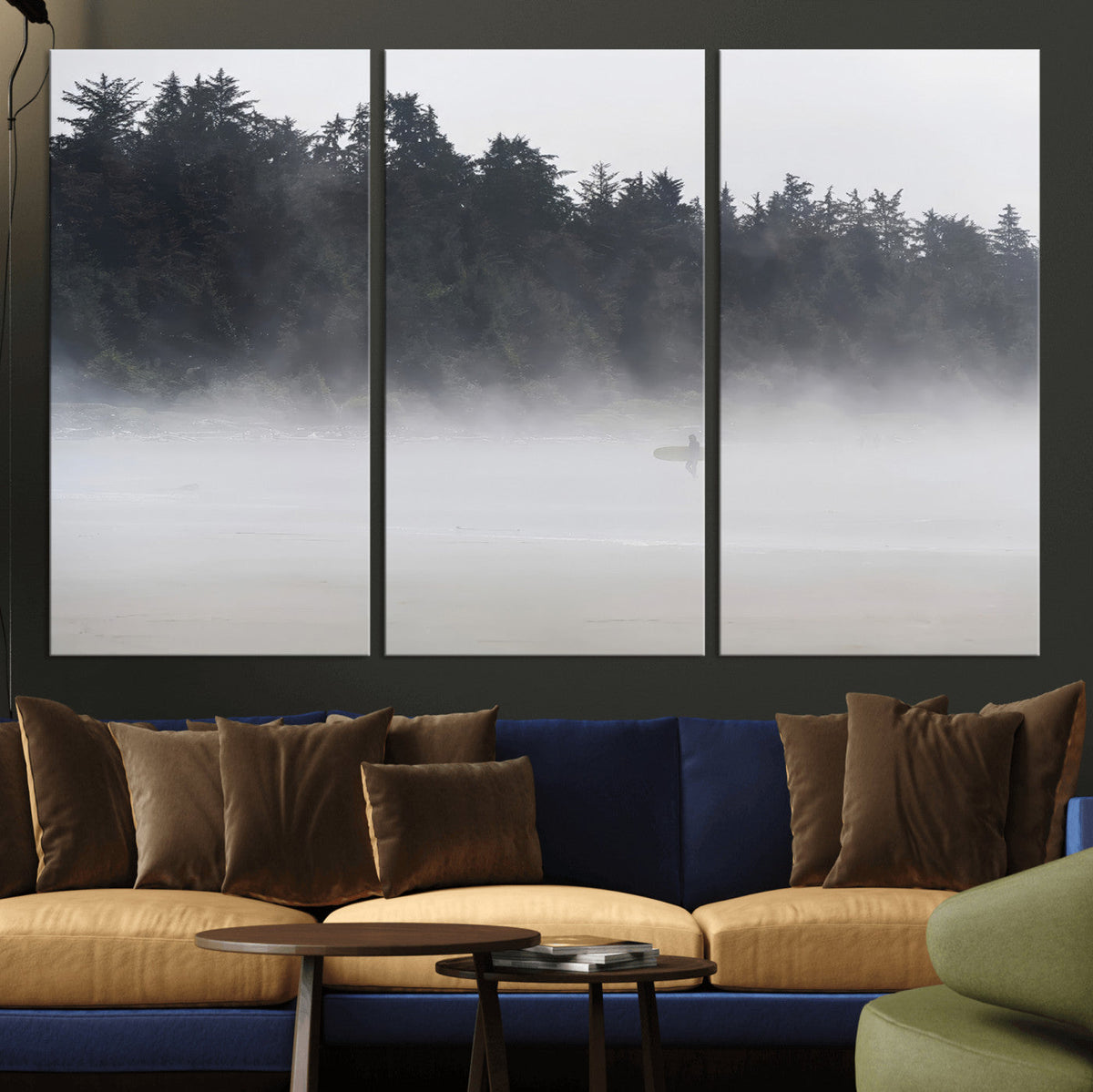 Surfer Fog Wall Art Canvas Print, Framed Foggy Beach and Coastal Surf Scene
