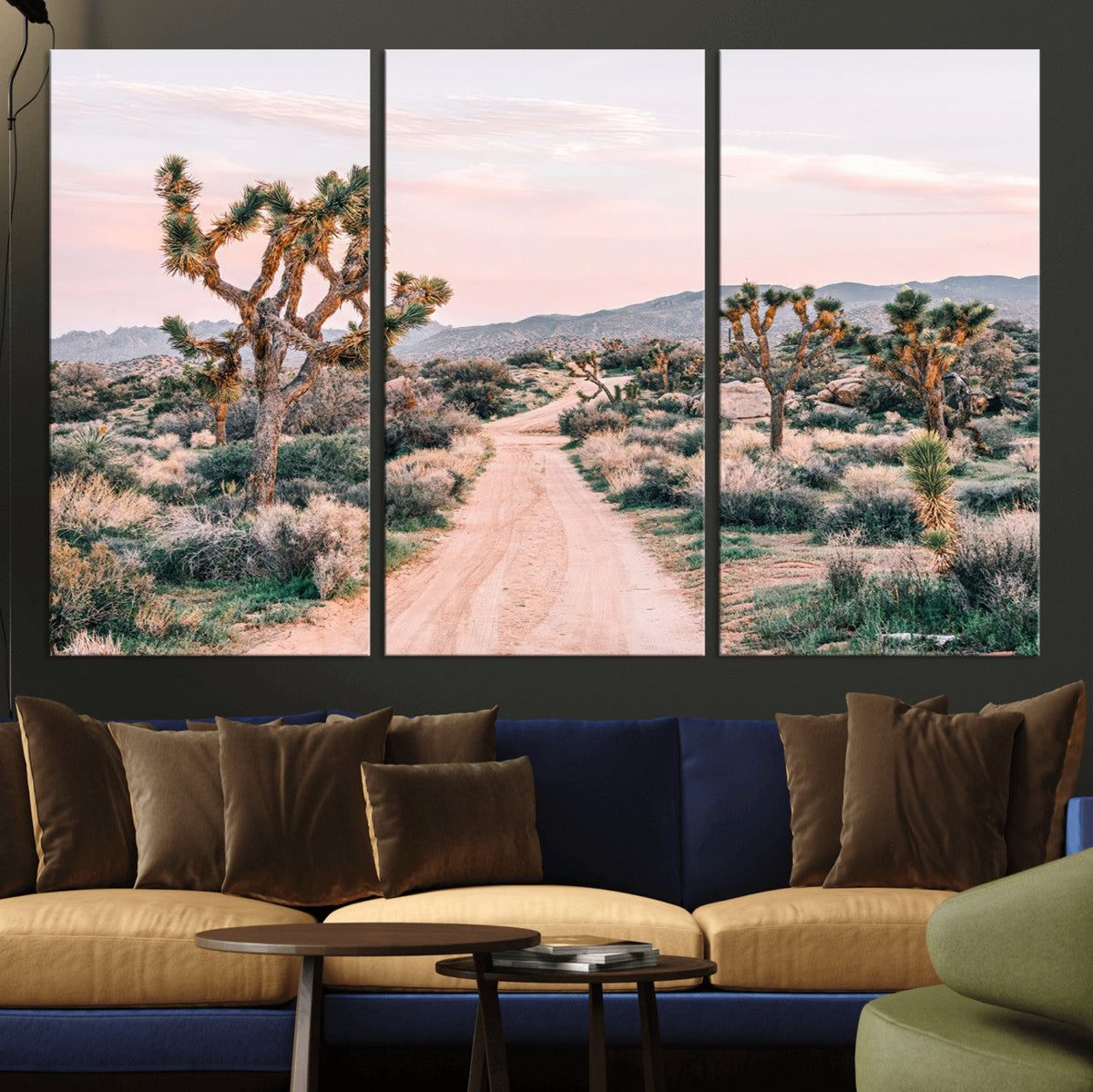 Joshua Tree Wall Art Canvas Print, Framed Desert Road Scene at Sunset
