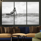 Black and White Surfing Wall Art Canvas Print, Framed Ocean Horizon Surfer Girl