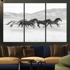Wild Horses Running Wall Art Canvas Print, Framed Black White Mustangs Artwork
