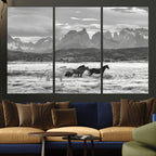 Wild Horses Wall Art | Framed Black White Mountain Canvas