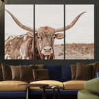 Longhorn Cow Wall Art Canvas Print, Framed Texas Ranch Print, Western Bull Art, Cowboy Decor