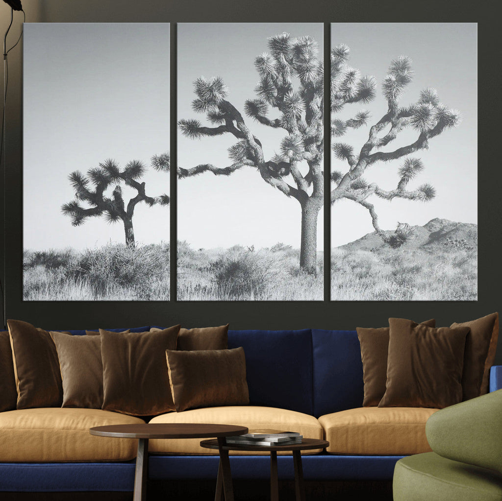 Joshua Tree Wall Art Canvas Print, Framed Black and White Desert Landscape Artwork