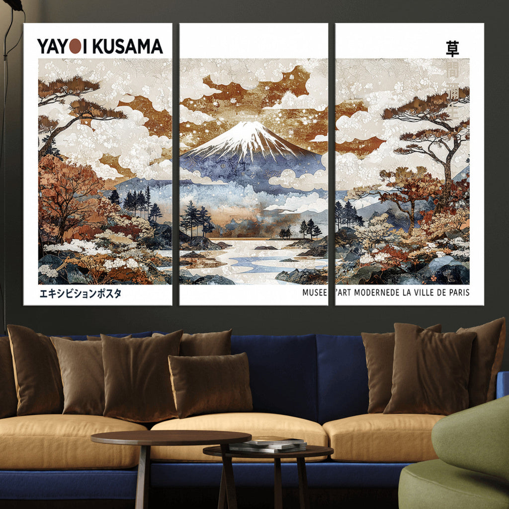 Modern Japanese Mount Fuji Canvas Art Print, Yayoi Kusama Wall Art, Framed Abstract Japanese Landscape