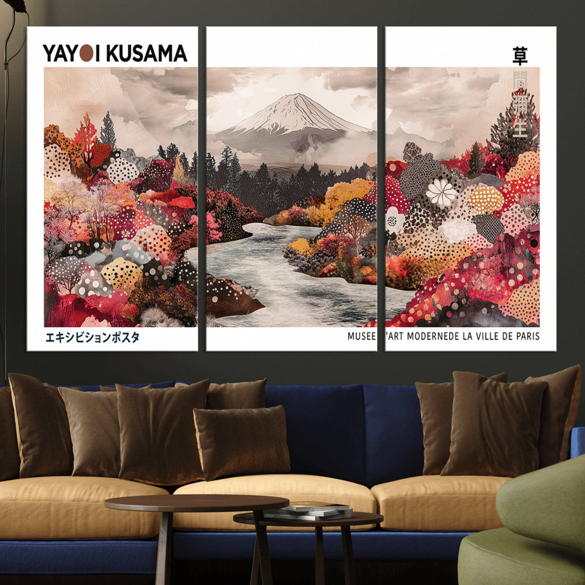 Modern Japanese Wall Art Canvas Print, Framed Abstract Mount Fuji Art, Yayoi Kusama Japanese Landscape