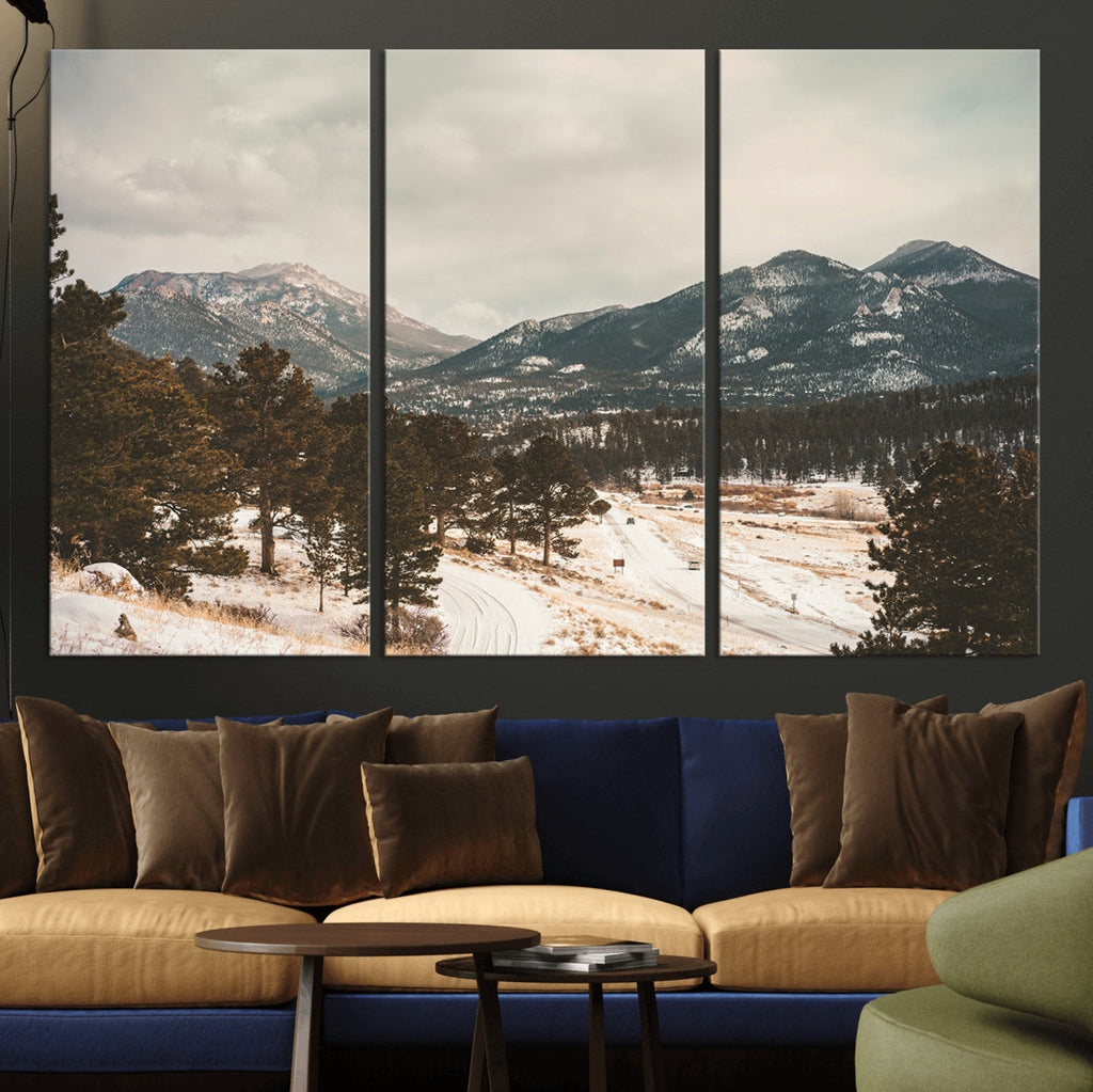 Mountain Landscape Wall Art Canvas Print, Framed Snowy Peaks Alpine Winter