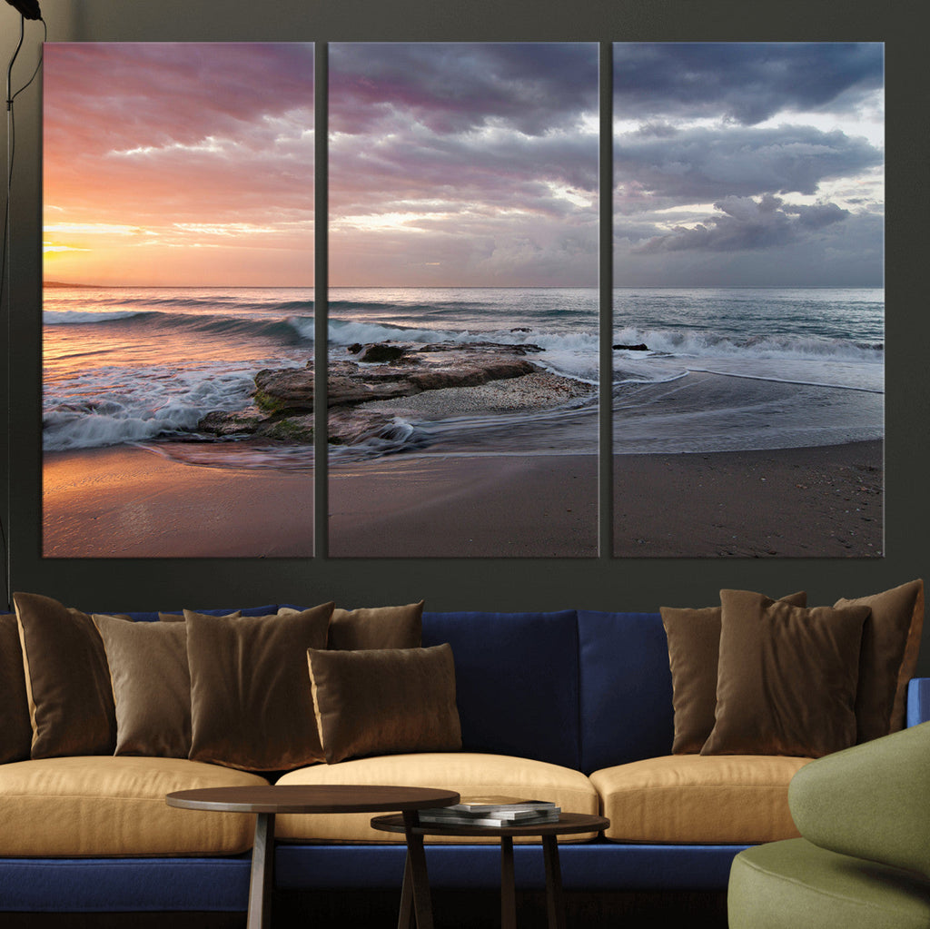 Golden Hour Wall Art Canvas Print, Framed Tranquil Waves Beach Sunset