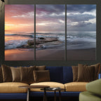 Golden Hour Wall Art Canvas Print, Framed Tranquil Waves Beach Sunset