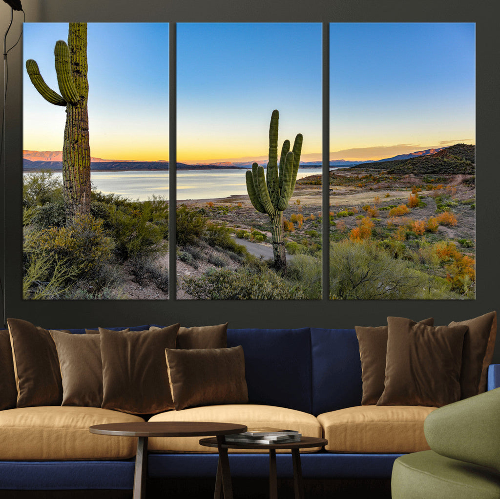 Saguaro Cactus Wall Art Canvas Print, Framed Desert Sunset Southwestern