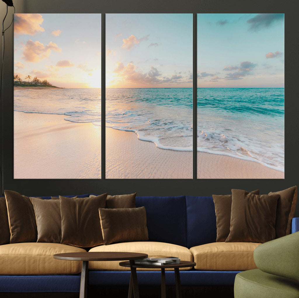 Beach Sunset Wall Art Canvas Print, Framed Ocean Waves Summer Escape