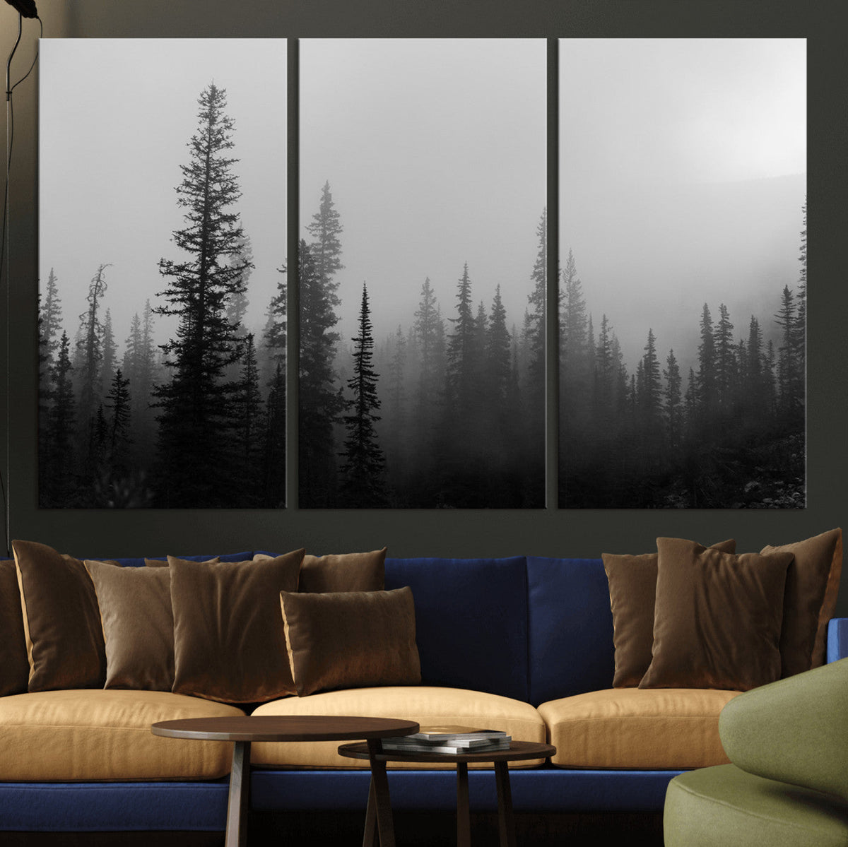 Misty Pines Wall Art Canvas Print, Framed Woodland Minimalist Black and White