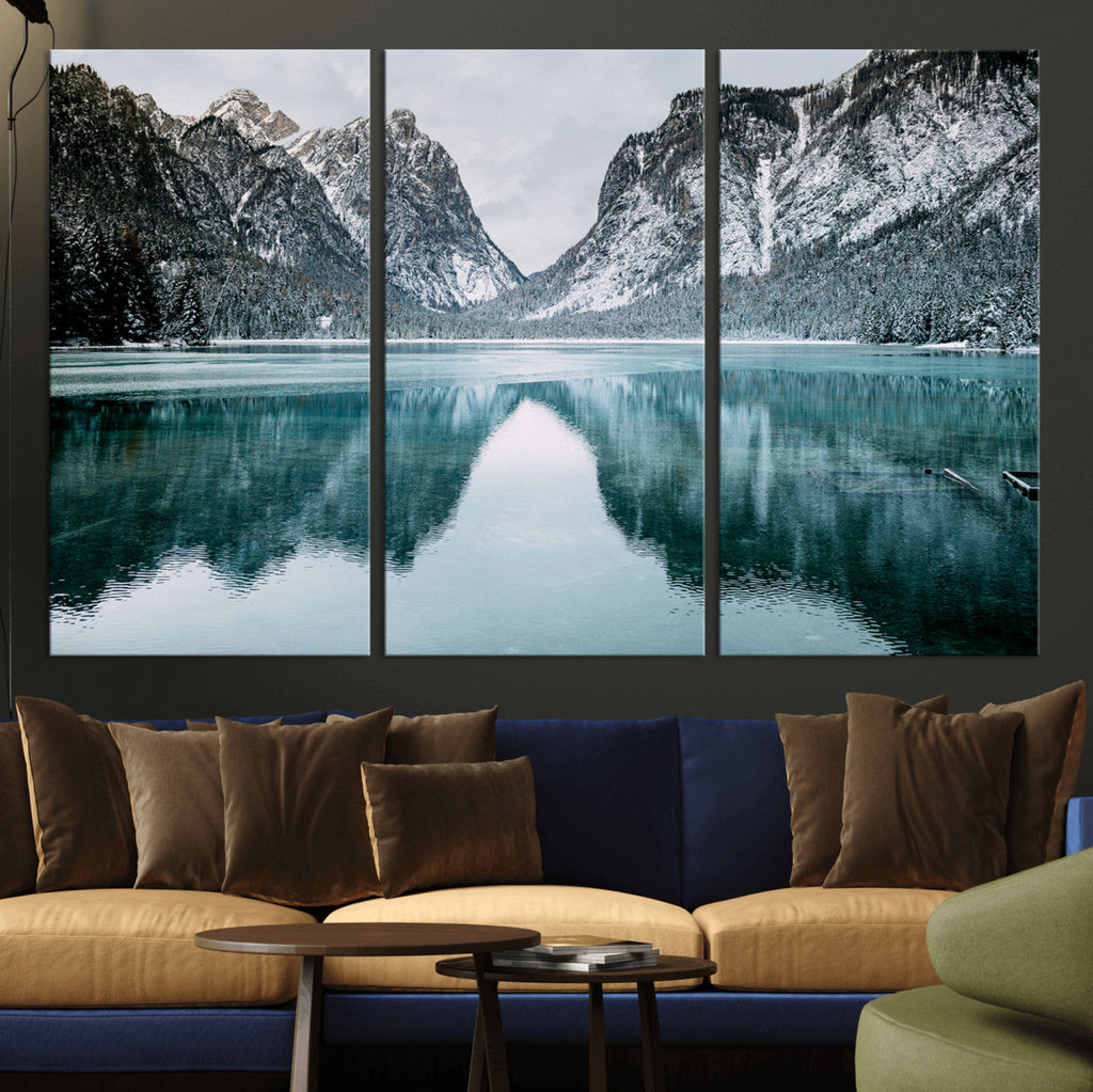 Mountain Lake Wall Art Canvas Print, Framed Toblacher See Winter Wonderland