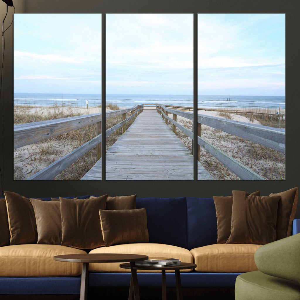Beach Boardwalk Wall Art Canvas Print, Framed Coastal Serenity Ocean View