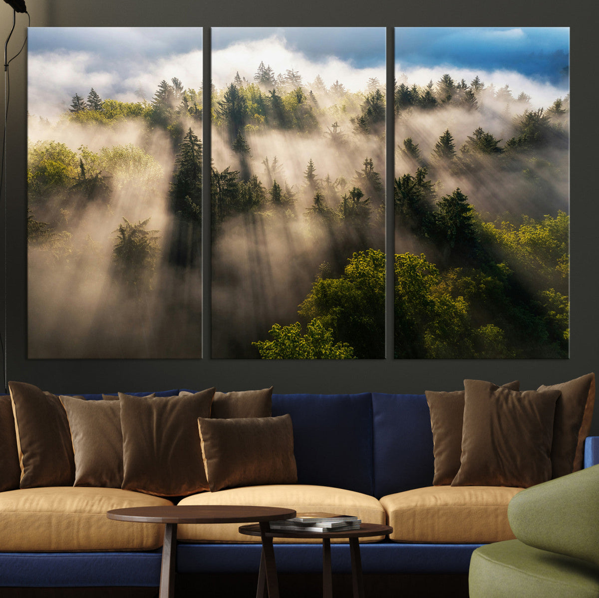 Tranquil Forest Scene Wall Art Canvas Print, Framed Moody Sunbeam Through Trees