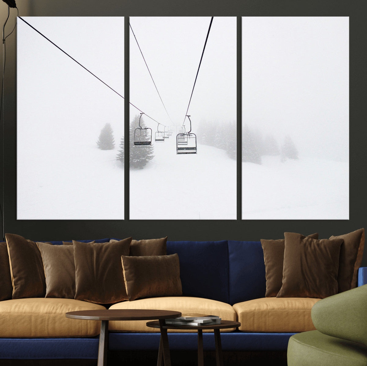 Ski Lift Wall Art Canvas Print, Framed Snowy Landscape Art, Alpine Adventure Nordic Minimalist Decor