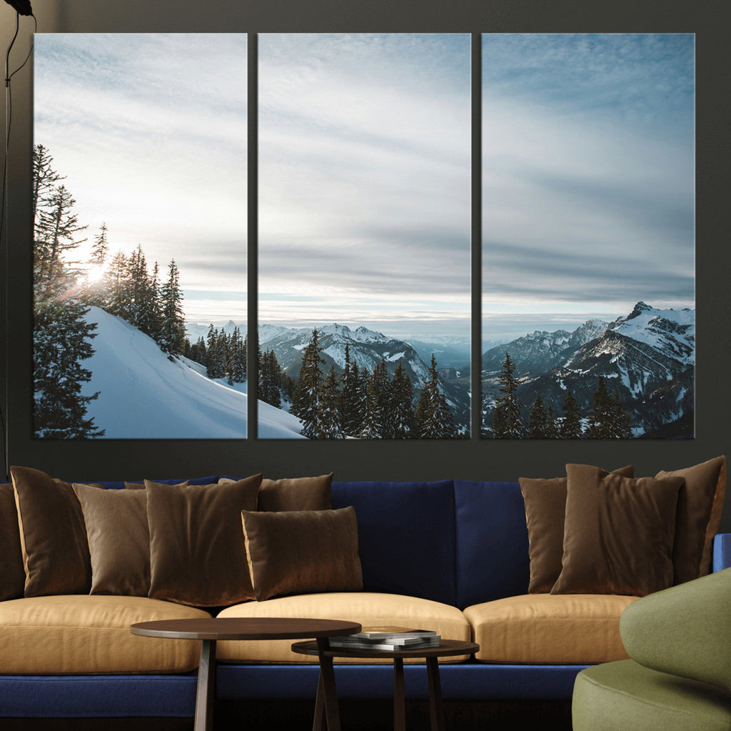 Snowy Mountains Wall Art Canvas Print, Framed Alpine Landscape Frosty Peaks Artwork
