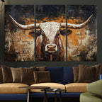 Abstract Longhorn Bull Wall Art Canvas Print, Vintage Western Texas Steer Artwork