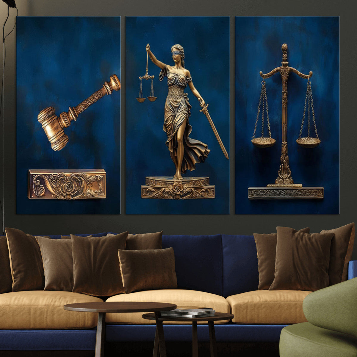 Lady Justice Wall Art Canvas Print, Elegant Gold Legal Symbols on Blue, Law Office Decor