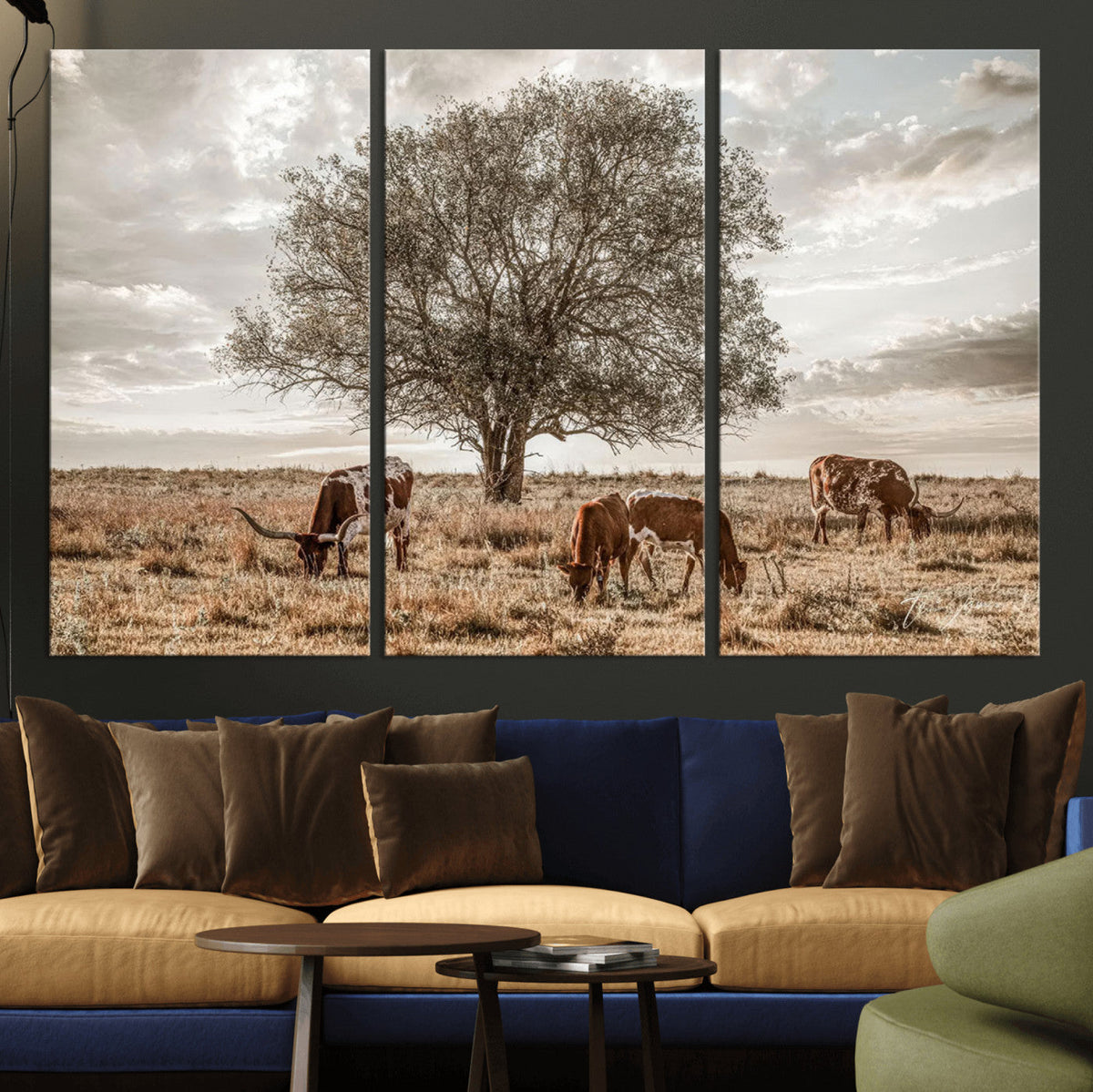Texas Longhorn Cattle Wall Art, Rustic Western Ranch Canvas
