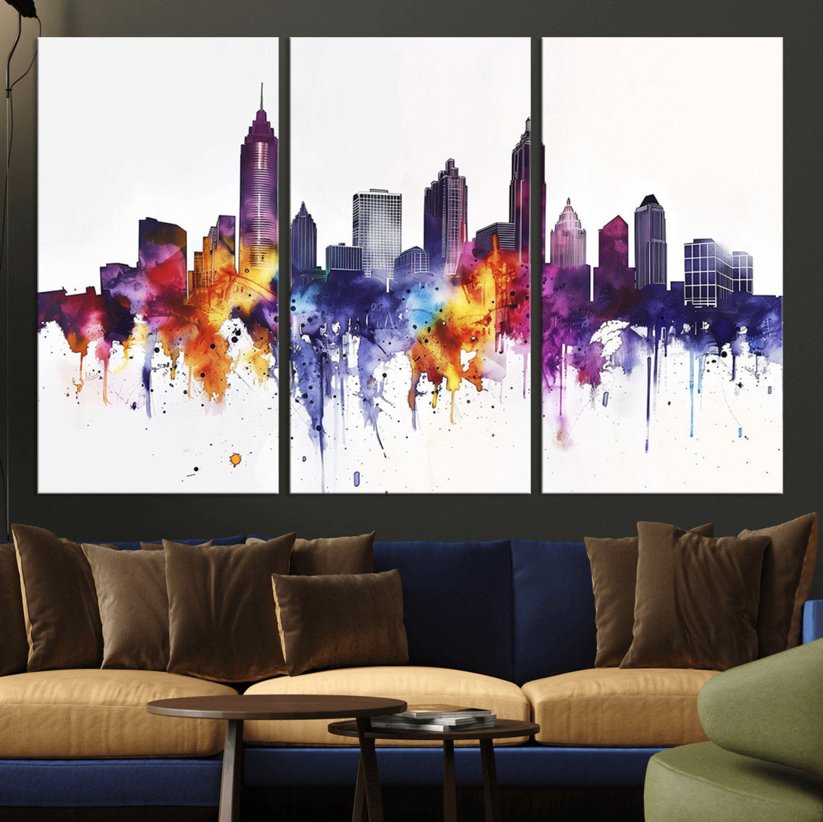 Atlanta Skyline Wall Art Canvas Print, Framed Colorful Watercolor Cityscape