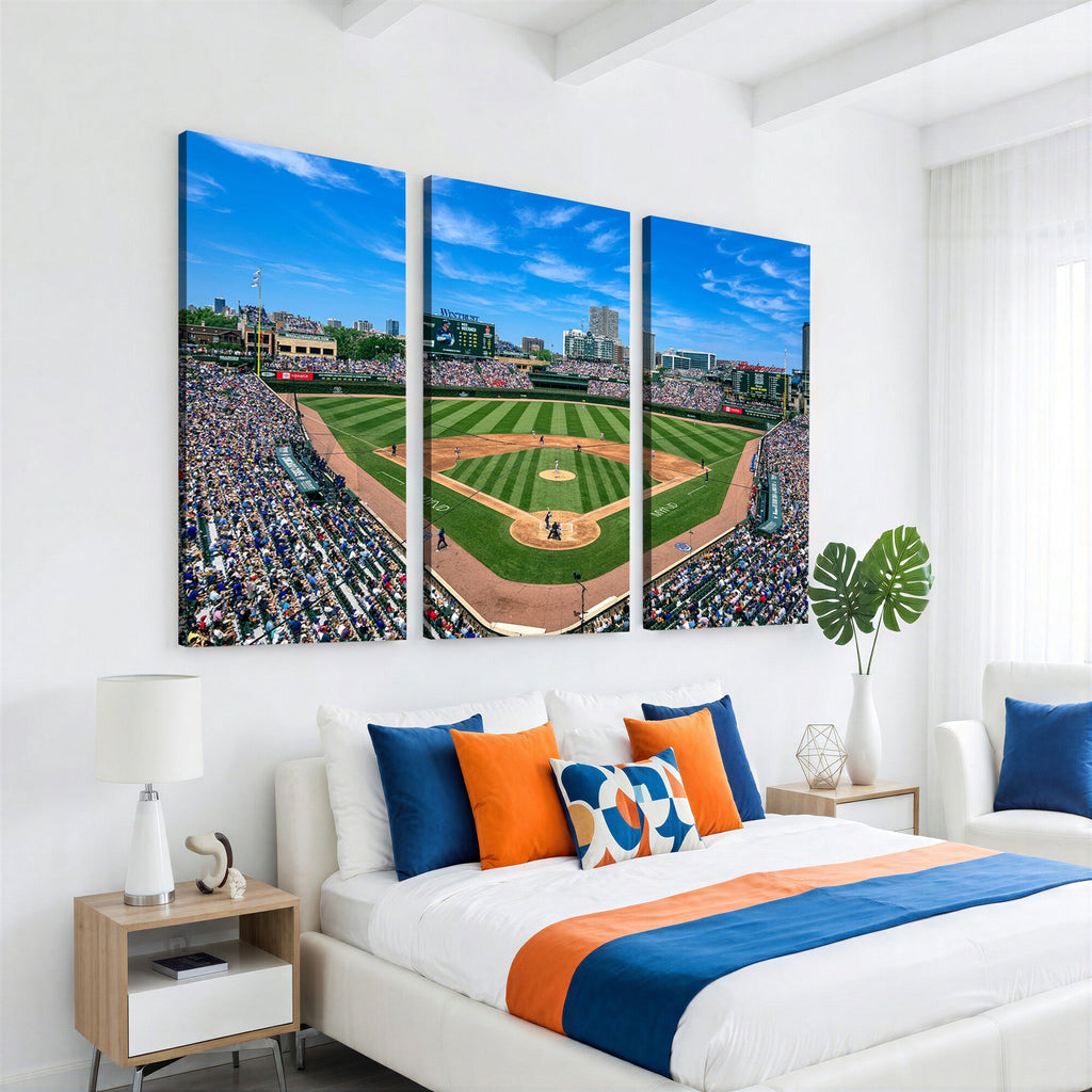 Wrigley Field Baseball Stadium Canvas Wall Art, Packed Crowd and Chicago Skyline