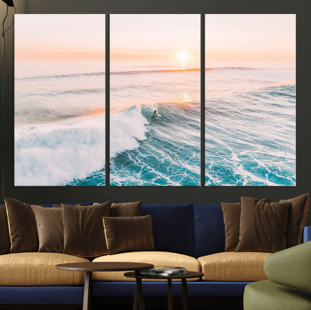 Sunset Surfing Wall Art Canvas Print, Ocean Wave Surfer with Golden Sky