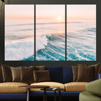 Sunset Surfing Wall Art Canvas Print, Ocean Wave Surfer with Golden Sky