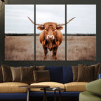 Longhorn Bull Wall Art Canvas Print, Framed Rustic Decor
