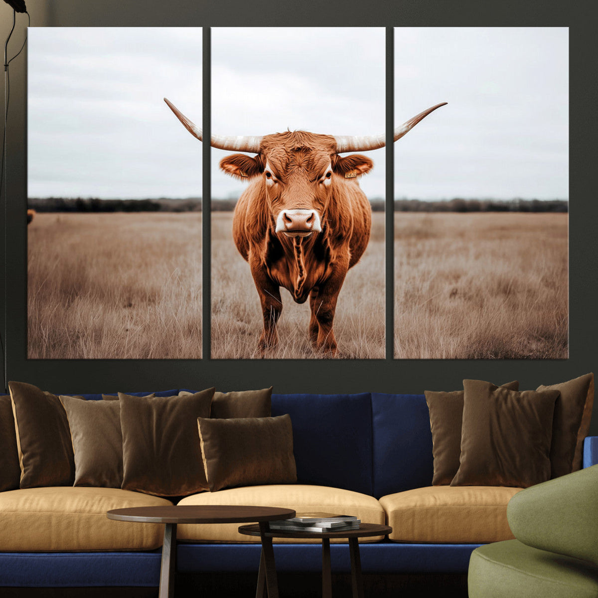 Longhorn Bull Wall Art Canvas Print, Framed Rustic Decor