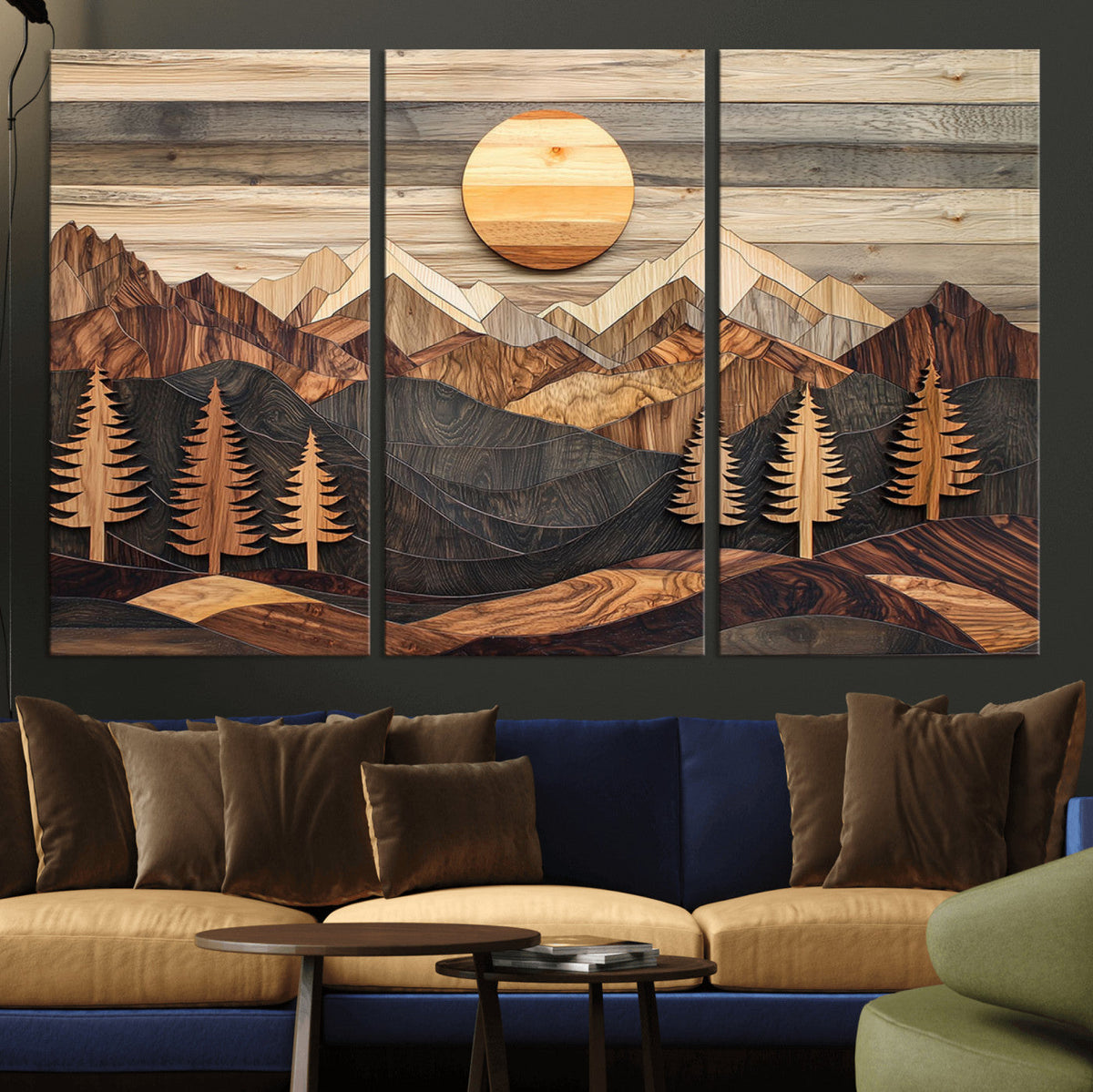 Wooden Mountain Layers Art | Rustic Pine Tree Landscape